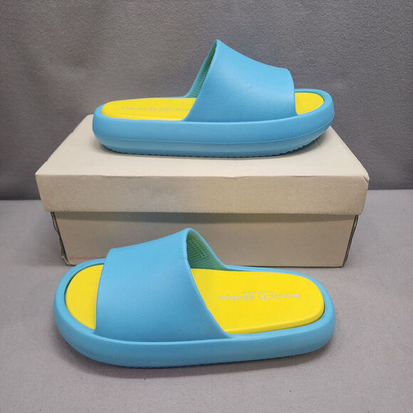 J SLIDES BLUE and YELLOW EVA SQUISH BEACH SLIDES Women's Size 9 NEW IN BOX - Picture 1 of 7